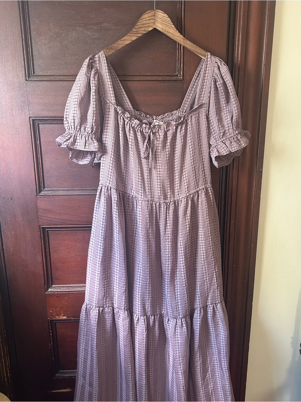 Madewell Purple Plaid Square Neck Tiered Textured Seersucker Midi Size Medium - Picture 7 of 12